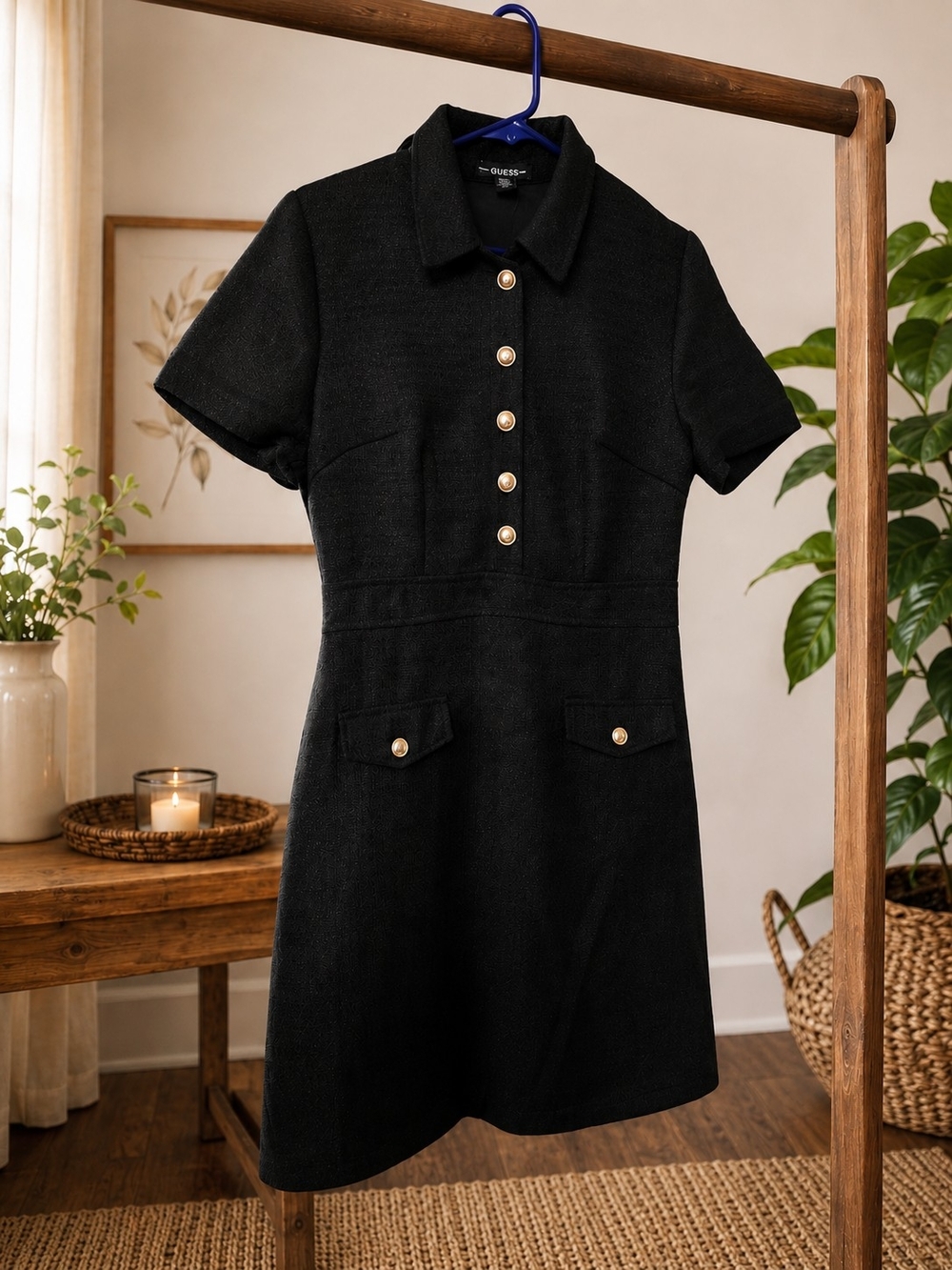 Guess Black Short-Sleeve Polo Dress with Gold Buttons